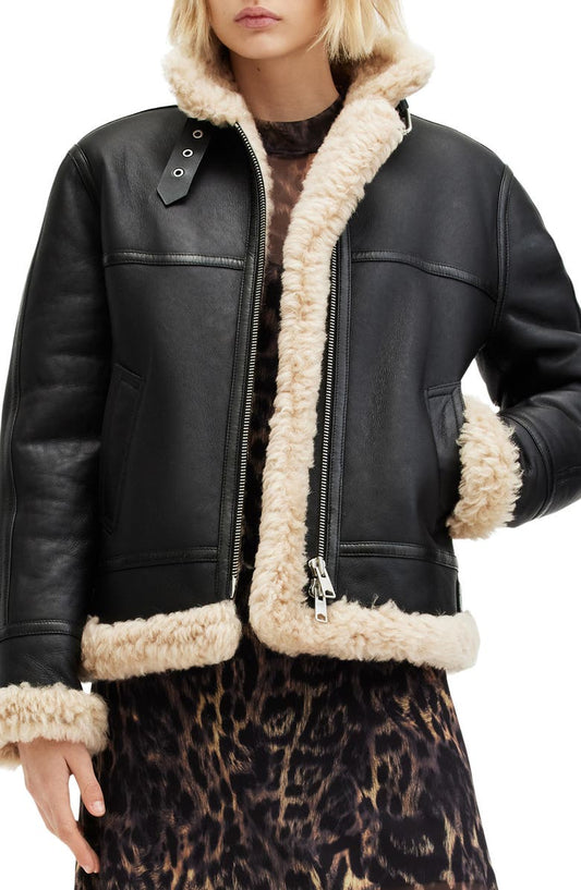 Lorel Leather & Genuine Shearling Flying Jacket AllSaints