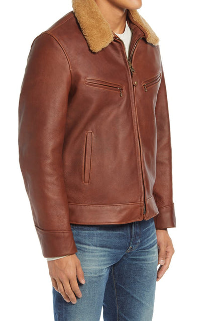 Leather Moto Jacket with Genuine Shearling Trim Schott NYC