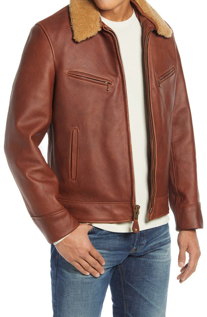 Leather Moto Jacket with Genuine Shearling Trim Schott NYC