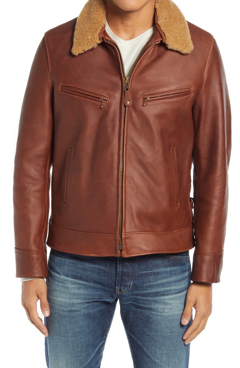 Leather Moto Jacket with Genuine Shearling Trim Schott NYC