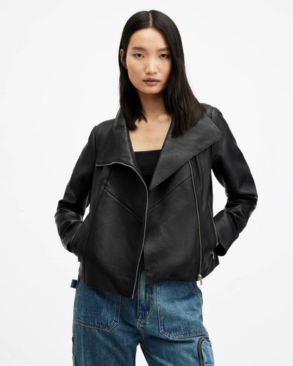 Gray Funnel Neck Draped Leather Jacket