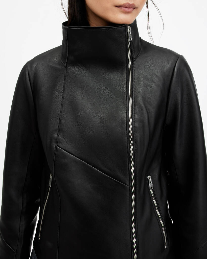 Gray Funnel Neck Draped Leather Jacket