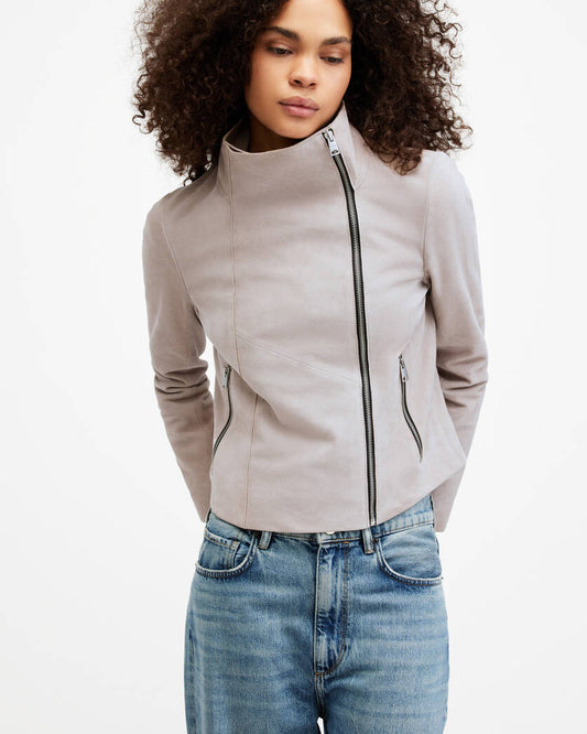 Gray Funnel Neck Draped Suede Jacket